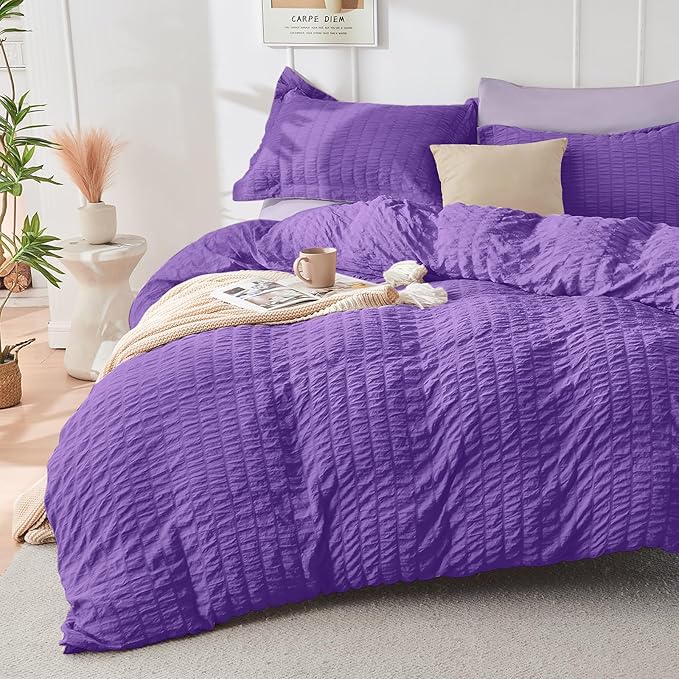 HYMOKEGE Dark Purple/Lavender Queen Comforter Set Seersucker 7 Pieces, All Season Luxury Bed in a Bag Queen for Bedroom, Bedding Set with Comforter, Sheets, Pillowcases & Shams