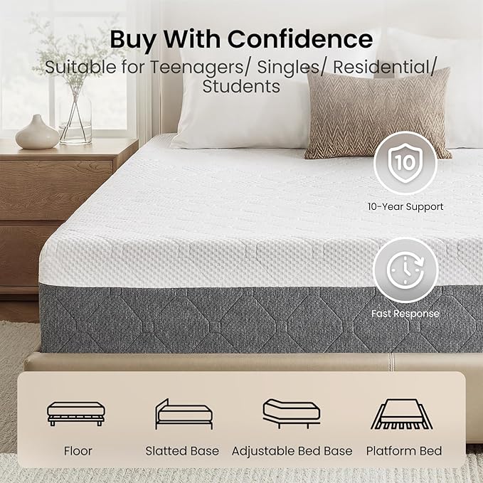Medium Firm Queen Mattress 10-Inch: Memory Foam Mattress for Back Pain, Breathable Cool Mattress, Washable Motion Isolation Fiberglass Free Cover, CertiPUR-US Oeko-Tex Certified, Made in USA 80x60