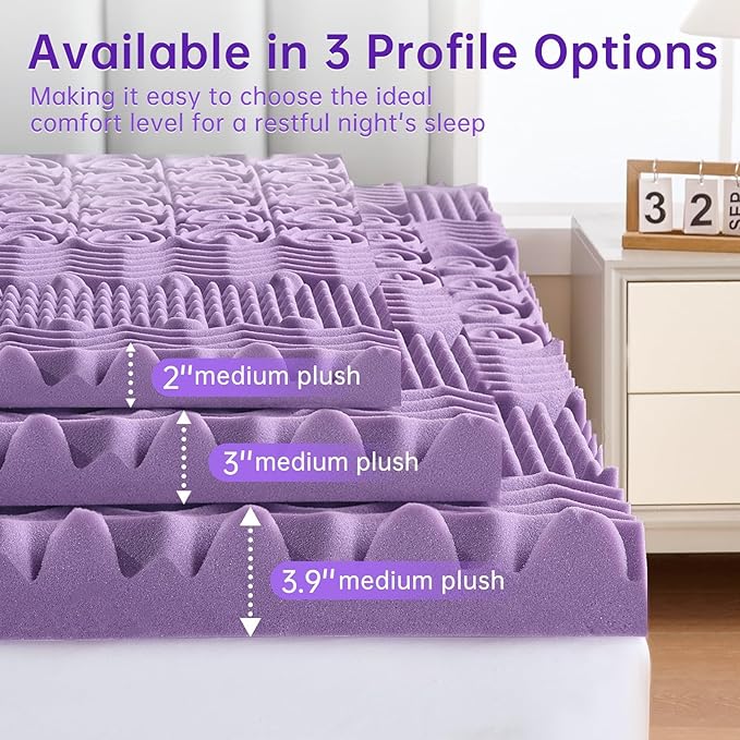 MUXHOMO 3.9 Inch 7-Zone Twin XL Mattress Topper, Egg Crate Memory Foam Mattress Topper Twin XL for Back Pain, Lavender Cooling Gel Infused Bed Pad, CertiPUR-US and Oeko-TEX Certification (79"×38")