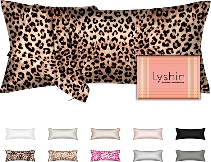 Silk Body Pillow Cover with Zipper, Mulberry Silk Pillow Cases Body Size, Ultra Smooth and Soft Breathable Cooling Silk Satin Body Pillowcase for Hair and Skin, Leopard Brown (20x54 Inches, 1 Pack)