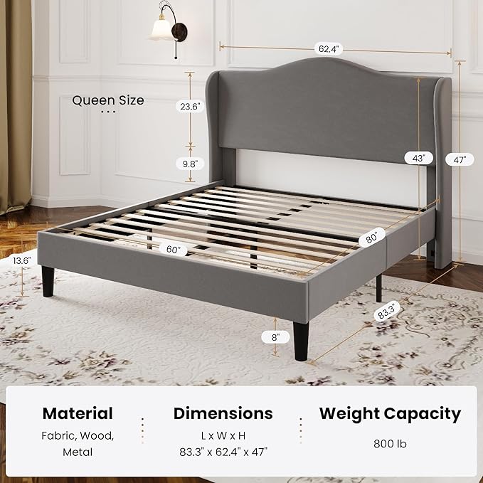 SHA CERLIN Queen Size Velvet Platform Bed Frame with Elegant Wingback Headboard, Modern & Luxurious Design, Sturdy Wooden Slats, No Box Spring Required, Easy Assembly, Noise-Free, Soft Grey