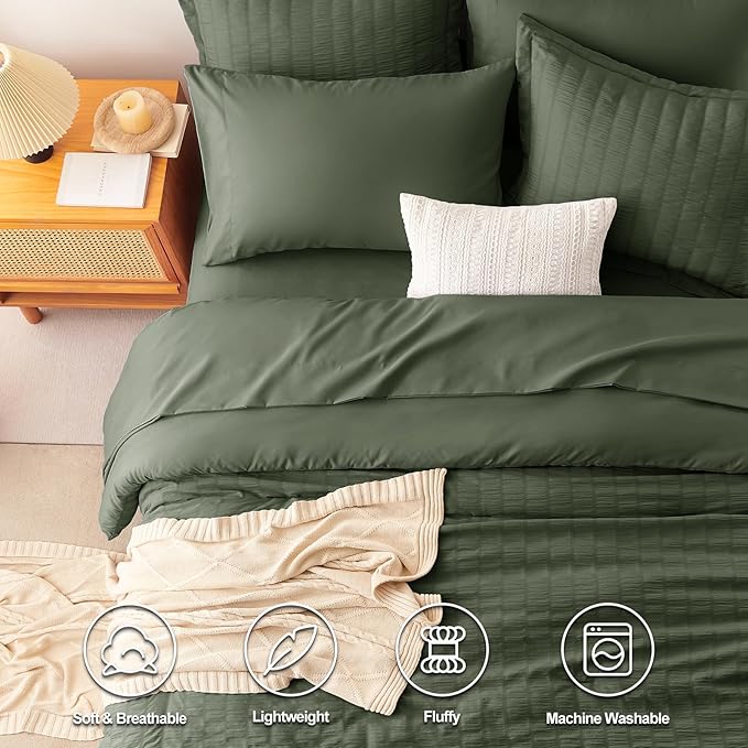 CozyLux Queen Comforter Set Dark Green Seersucker 7 Pieces Bed in a Bag Queen Comforter Set with Sheets, Luxury Bedding Set with Down Alternative Comforter, Sheets, Pillowcases & Shams All Seasons