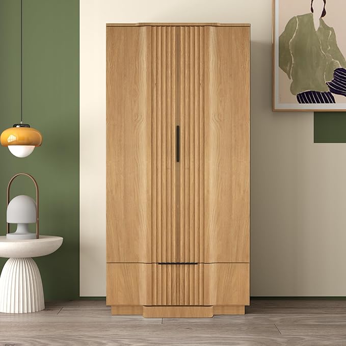 Brafab 67" Fluted Armoire Wardrobe Closet with Drawers and Doors, Wooden Wardrobe Cabinet with Adjustable Shelves, Modern Storage for Clothes, Coats for Bedroom,Natural Wood (1 pcs)