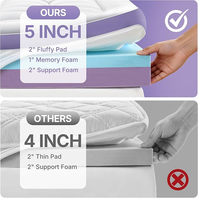 5 Inch Dual Layer Memory Foam Twin Mattress Topper - 2'' Pillow Top Mattress Pad for Back Pain and 2'' Support Foam & 1'' Cooling Gel Memory Foam, Extra Thick Medium Support Bed Topper