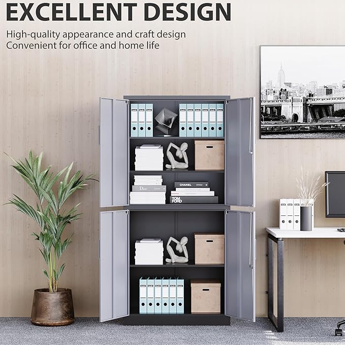 SISESOL Metal Storage Cabinets with Doors and Shelves,71" Metal Garage Storage Cabinet with Lock,Gray Steel Cabinet with Locking Doors,4 Door Lockable Storage Cabinets for Garage,Home,Office