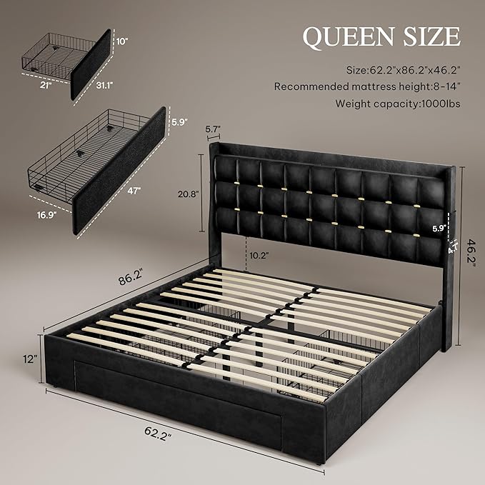 YITAHOME Queen Size Bed Frame with 3 Storage Drawers and RGB LED Lights, Velvet Upholstered Bed with Charging Station and Storage Headboard, No Box Spring Needed, Easy Assembly, Noise-Free, Cool Black