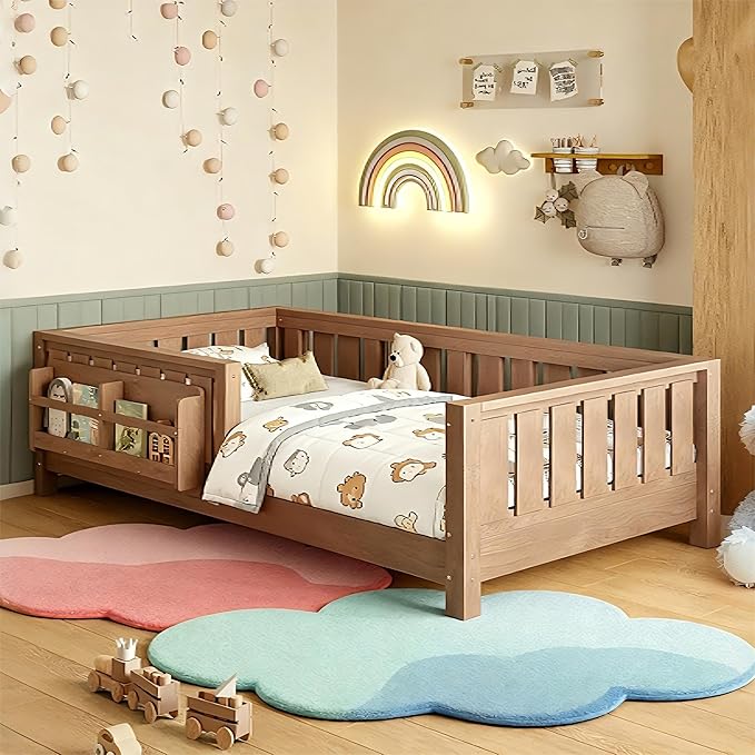 Bellemave Twin Floor Bed Frame with Fence & Bookshelf, Solid Pine Wood Twin Montessori Floor Bed with Slats Load 300LBS, Low Profile Floor Bed for Kids, Bedroom, Nursery, Easy Assembly, Oak Brown