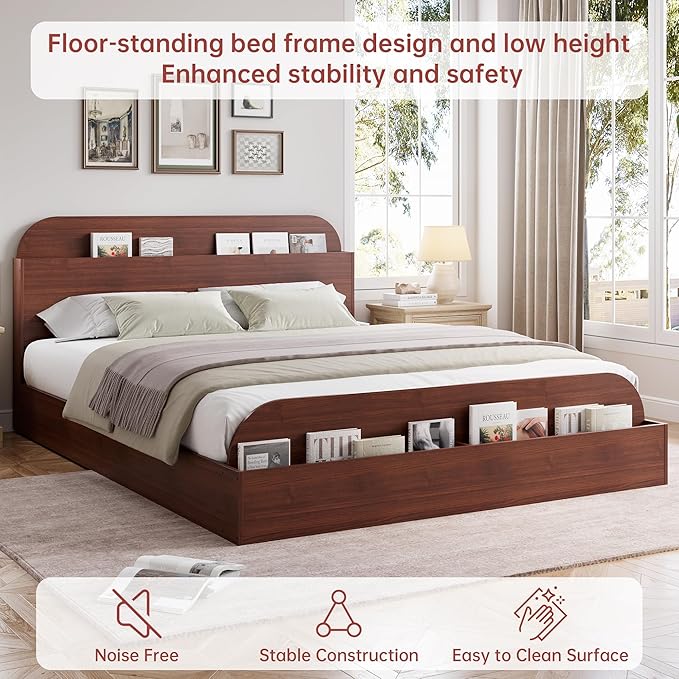 GarveeHome Full Size Bed Frame, Wooden Beds with Storage Headboard and Raised-Foodboard, Full-Floor Low Platform Bed for Bedroom, Sturdy Wooden Slats Support, No Box Spring Needed, Espresso