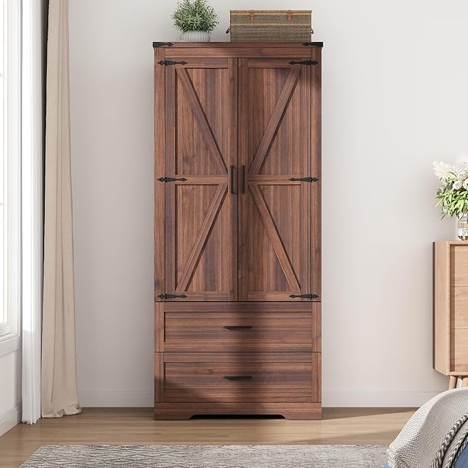Hlivelood 2 Doors Wardrobe Armoire Closet with Doors and Drawers, Farmhouse Wooden Armoire Storage Cabinet with Shelves & Hanging Rod for Bedroom, Brown