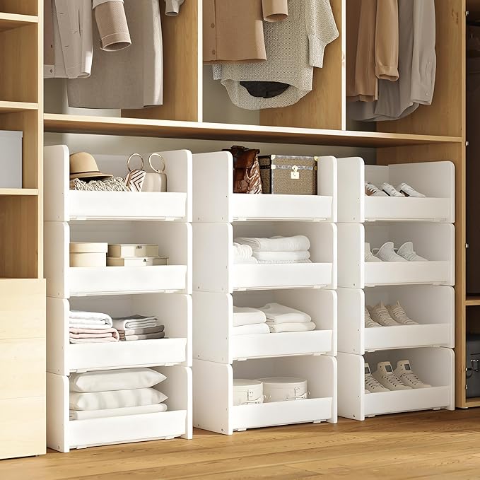 FOUCSSOMEI 4-Tier Stackable Closet Organizers and Storage, Closet Shelves – Heavy-Duty Stackable Closet Darwers Wood & Metal, Easy Assembly, Space-Saving,White, Patent Design