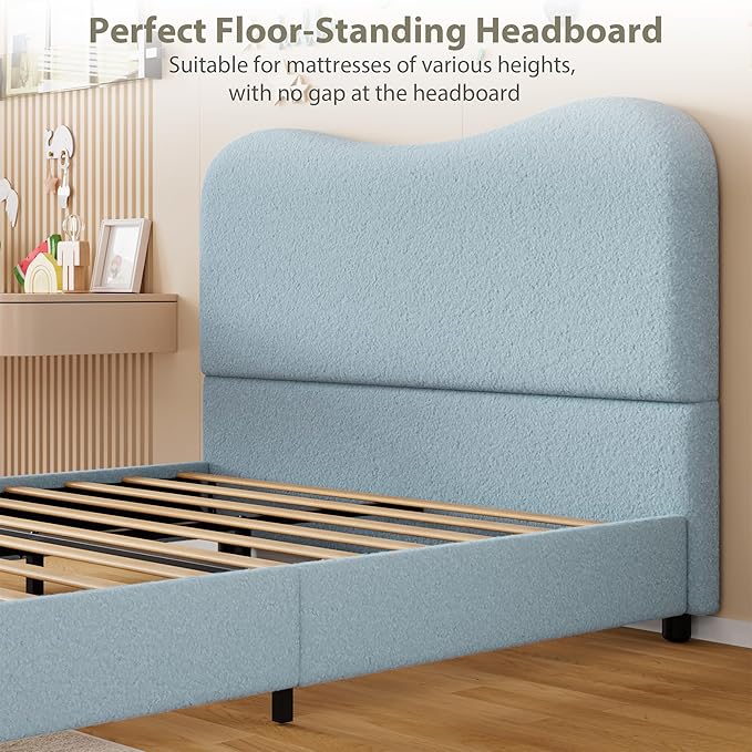 GarveeHome Boucle Queen Bed Frame with Upholstered Headboard, Soft Low Profile Sturdy Platform Bed with Rounded Corners Design, Heavy Duty, Wooden Slats, Noise Free, No Box Spring Needed, Blue