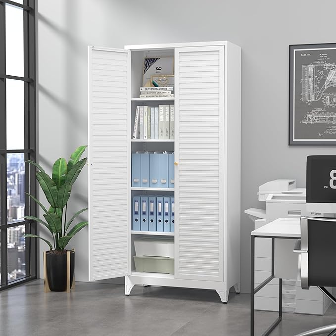 SteeLoong Kitchen Pantry Cabinet,75" Metal Storage Cabinet with Doors and 4 Adjustable Shelves,White Tall Locker Organizer Steel Garage Cabinets for Tool,File Cabinet for Office,Kitchen,Garage,School