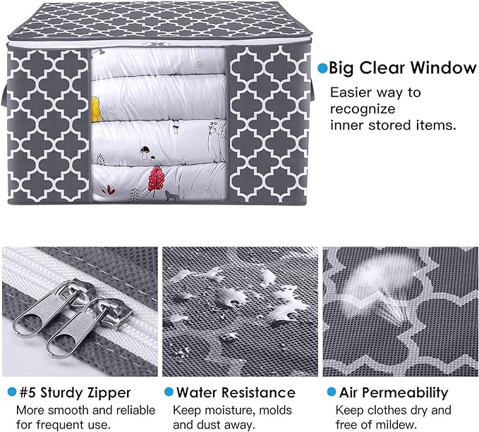 WISELIFE Storage Bags, Large Blanket Clothes Organization and Storage Containers for Bedding, Comforters, Foldable Organizer with Reinforced Handle, Clear Window,Sturdy Zippers,(Grey, 8 x 100L)