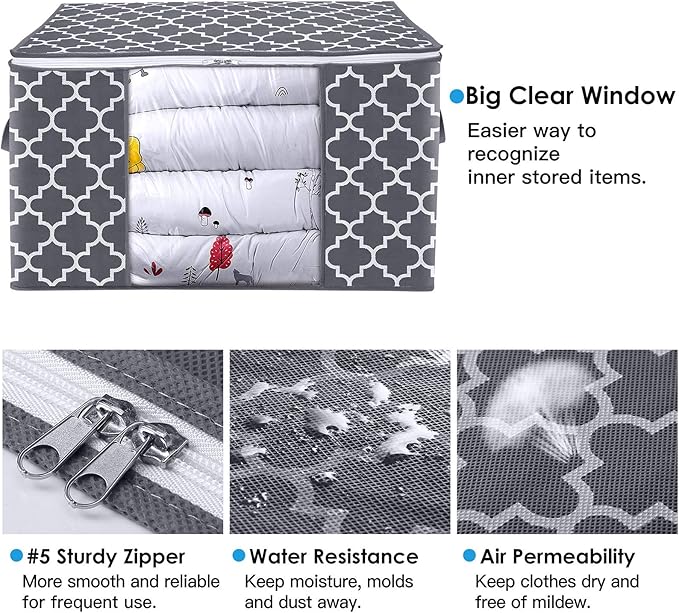 WISELIFE Storage Bags, Large Blanket Clothes Organization and Storage Containers for Bedding, Comforters, Foldable Organizer with Reinforced Handle, Clear Window,Sturdy Zippers,(Grey, 2 x 100L)