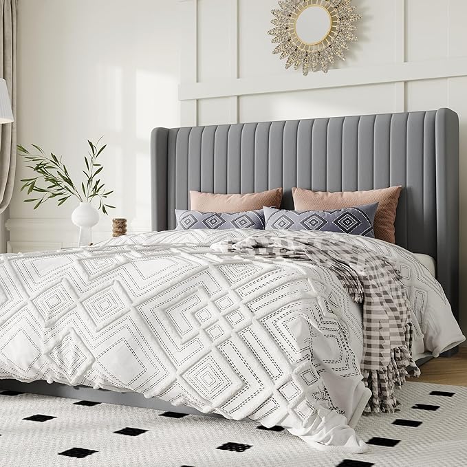 Allewie Queen Size Lift Up Storage Bed Frame, Hydraulic Support System, Upholstered Platform Bed Frame, Underneath Storage, Vertical Channel Tufted Headboard with Wingback, No Box Spring Needed, Grey