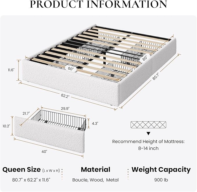 SHA CERLIN Boucle Queen Bed Frame with 4 Spacious Drawers, Platform Bed with Soft Teddy Fabric Upholstery, Sturdy Wooden Slats Support, No Box Spring Needed, Noise Free, Easy Assembly, White