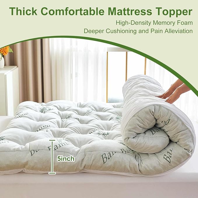 Whatsbedding Memory Foam Mattress Topper Queen Size, 5 Inches Memory Foam Topper with Cooling Viscose Made from Bamboo Cover, Deep Pocket