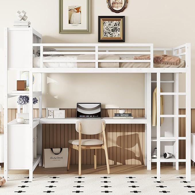Full Size Loft Bed with L Shaped Desk, Wardrobe and Storage Shelves, Metal Heavy Duty Loft Bed Frames with Ladder and Guardrails for Kids, Teens, Juniors, Space Saving (White, Full)