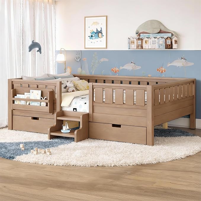 Bellemave Full Size Bed Frame with Storage Drawers & Bookshelf, Low Profile Kids Bed with Staircase & Full Length Guardrails, Solid Wood Full Size Bed Frame Kids with Slats Load 450 LBS, Oak Brown