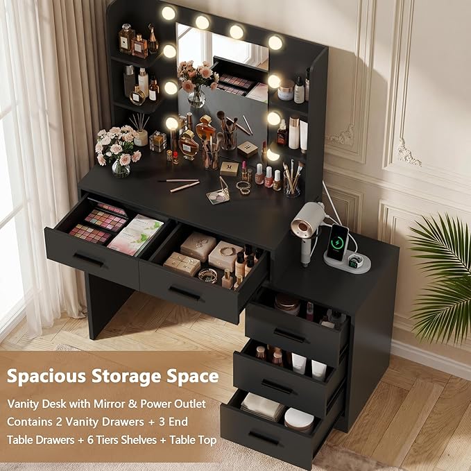 Furmax Makeup Vanity Desk with Mirror and Power Outlet, Vanity with 3 Color Light Options Adjustable Brightness, Vanity Table with 5 Drawers, 6 Storage Shelves, Nightstands (Black)