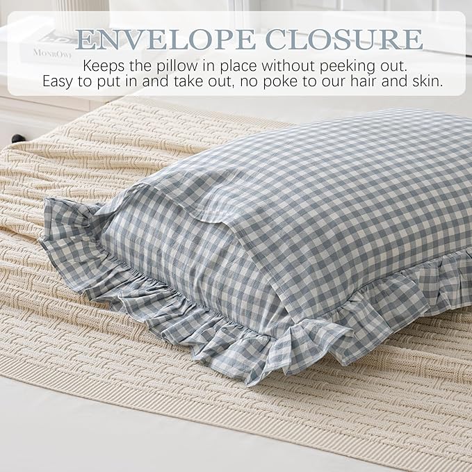 2 Pack Blue White Plaid Gingham Ruffle Pillow Shams Standard Size 20x26 inches, 100% Washed Cotton Checkered Farmhouse Pillow Covers for Bed/Sofa (26x20 inches,Blue/White Plaid)