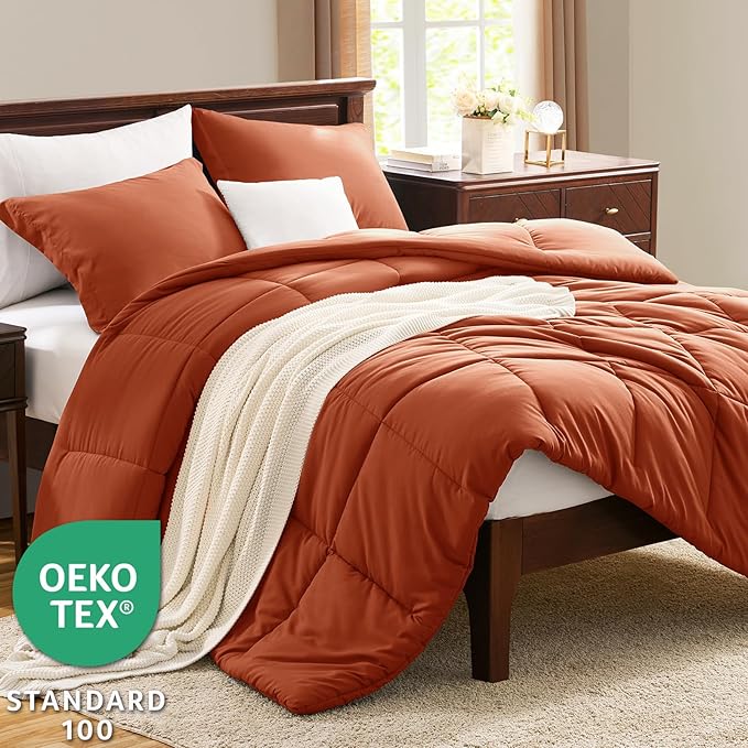 CozyLux King Size Comforter Sets - 270GSM Terracotta Bedding Sets for All Seasons, 3 Pieces Box Stitched Bed Set with 1 Down Alternative Comforter and 2 Pillow Shams, Soft, Lightweight, Durable