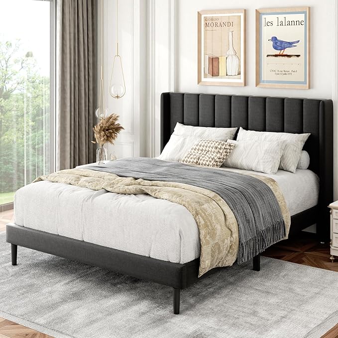Gruwans Full Size Bed Frame with Upholstered Wingback Headboard, Easy Assemnly Platform Bed, Wooden Slat Support No Box Spring Needed, Dark Gray