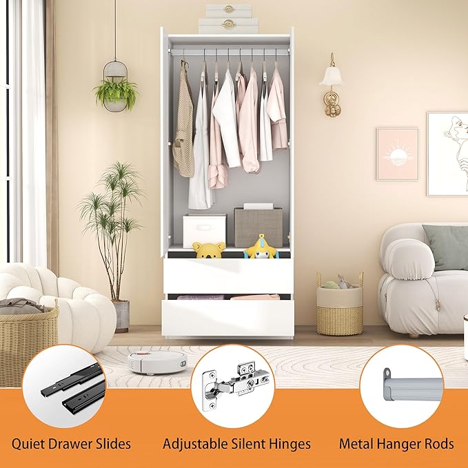 Armoire Wardrobe Closet with Drawers：75" Large White Wardrobe Closet Cabinet with 6 Doors for Hanging Clothes, Modern Wooden Bedroom Armoires with 6 Drawers and Storage (A+A+A, 94.5")