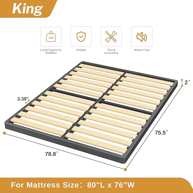 MAF Box Springs King Size 2 Inch, Low Profile King Box Spring with Round Corners, Bunkie Board with Wood Slats Bed Slat Replacement 3500 lbs Black Heavy Duty Metal Mattress Foundation, Easy Assembly