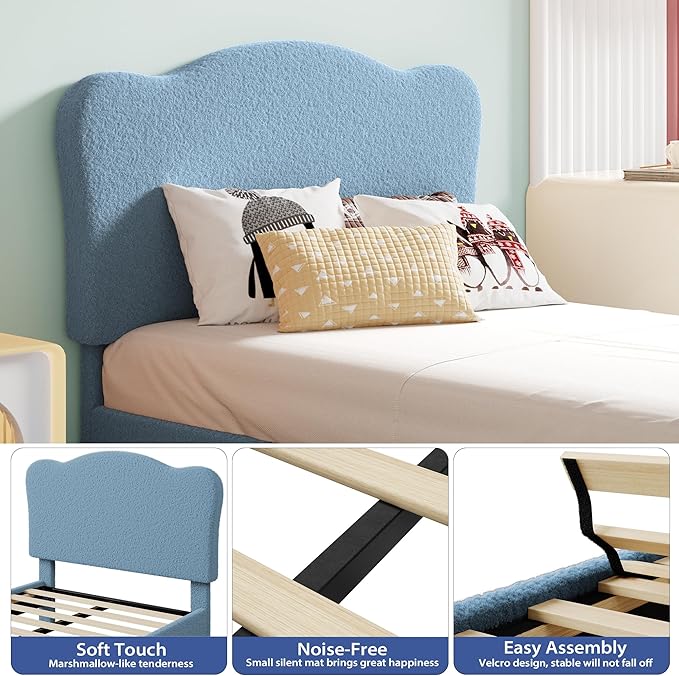 GarveeHome Upholstered Twin Size Bed Frame for Kids with Scallop Headboard, Cute Velvet Twin Bed for Girls, Boys, Sturdy Platform Bed, No Box Spring Needed, Wooden Slats, Noise Free, Dark Blue