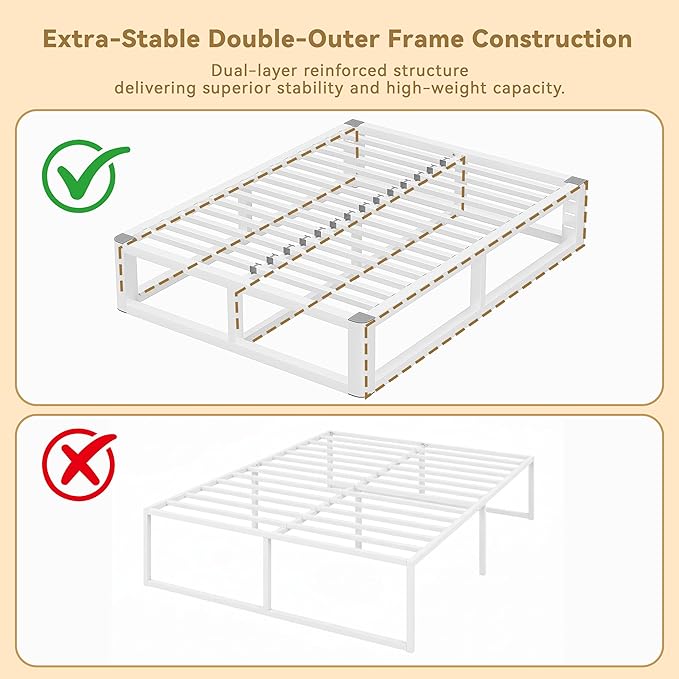 14 Inch King Size Bed Frame with Rounded Corner and Headboard Hole, Metal Platform Bed Frames 6 Non-Slip Guards, 3500lbs Heavy Duty Steel Slat Support, Squeak Free, No Box Spring Needed, White