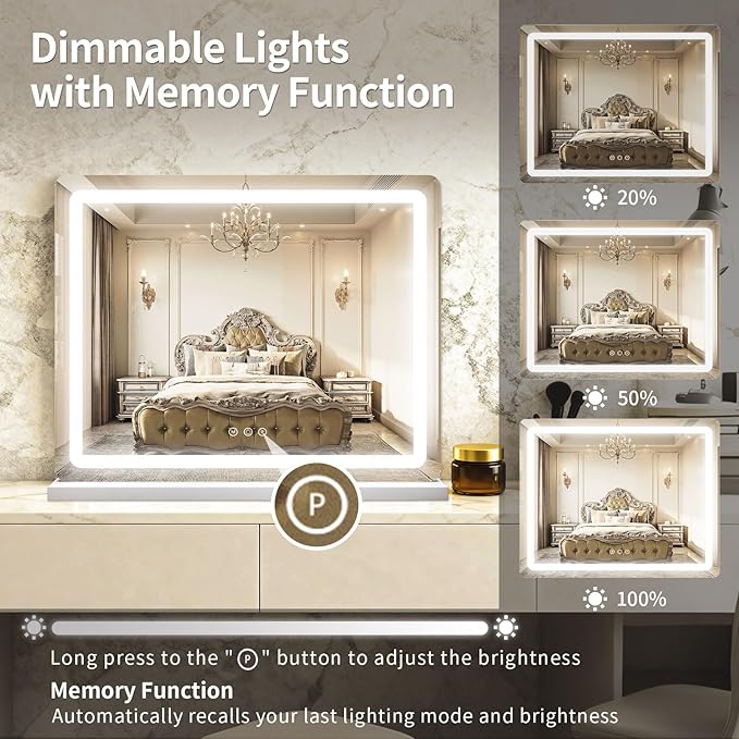 ROLOVE 23"x 18" Large Vanity Mirror with Lights, LED Makeup Mirror for Dresser and Desk, 10X Magnification, Dimmable Touch Control, Wall Mounted or Tabletop Mirror for Bedroom (White)