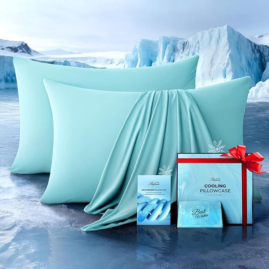 Ultra-Chill Cooling Pillowcase Set of 2 for Hot Sleepers, Softer Than Silk Pillow Cases for Protecting Hair & Skin, Breathable Bed Pillow Covers w/Zipper, Gifts for Women Men (Mint Blue, Queen)