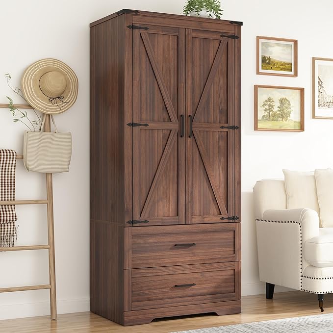 St.Mandyu Farmhouse Wardrobe Armoire Closet with 2 Doors and 2 Drawers, 70.1" Wooden Clothing Storage Cabinet, Freestanding Large Capacity Storage Wardrobe Armoire with Hanging Rod for Bedroom, Brown