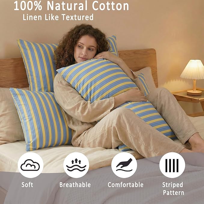 Merryword Body Pillow Cover 20x54inches, 100% Cotton Pillow Case, Blue & Yellow Striped Pillowcase, Soft Breathable Ribbon Stripes Long Pillowcase, 1-Piece