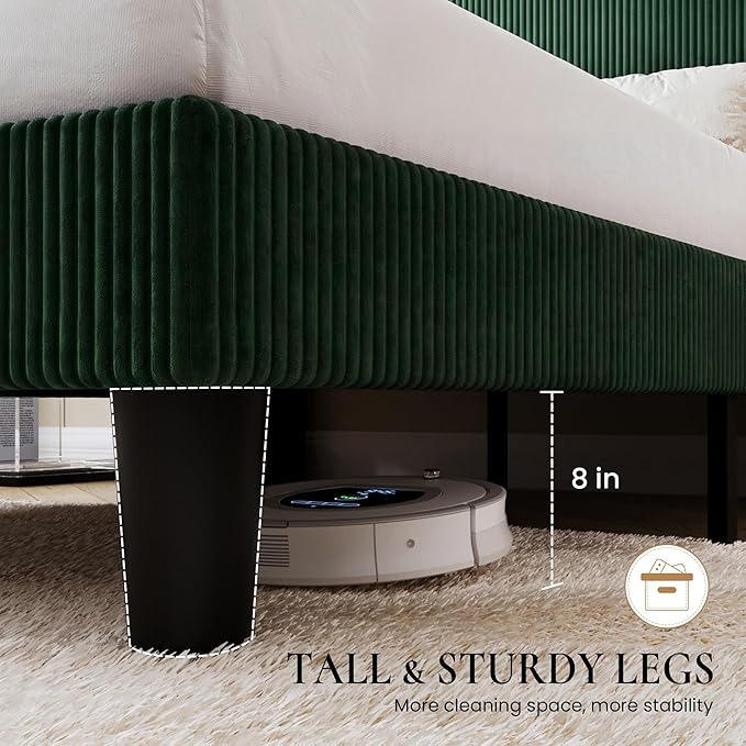 SHA CERLIN Full Size Corduroy Upholstered Platform Bed Frame with Vertical Channel Tufted Wingback Headboard, 8" Under Bed Storage, Wooden Slats & Metal Frame Support, Easy Assembly, Dark Green