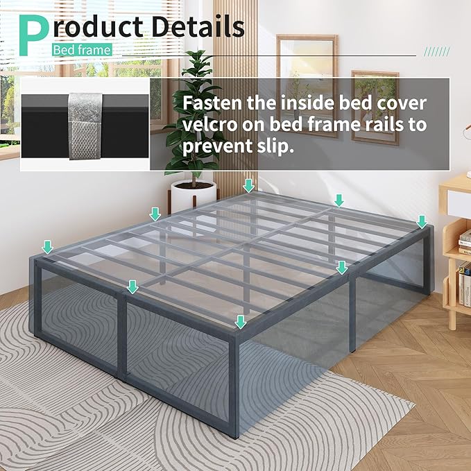 Lutown-Teen 18 Inch Queen Bed Frame with Cover Skirt, Heavy Duty Steel Slat Support Metal Platform Bed Frame Queen Size No Box Spring Needed, Easy Assembly, Black and Blue