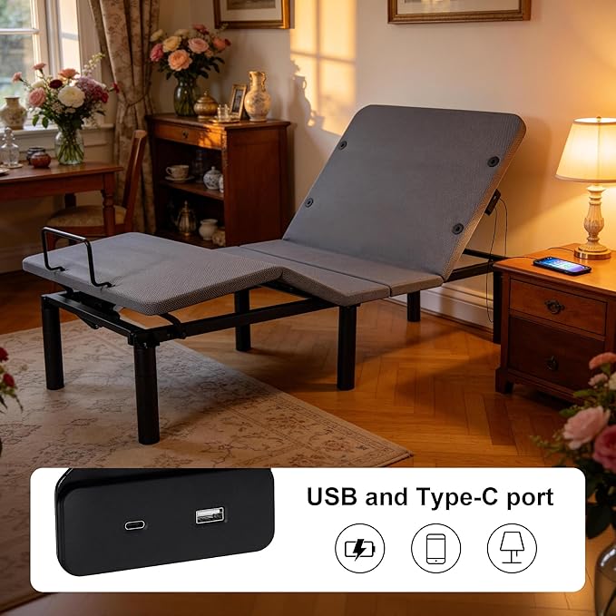 Frassie Adjustable Bed Base Frame Twin XL Electric Bed Base with USB Ports Head and Foot Incline (Twin XL)