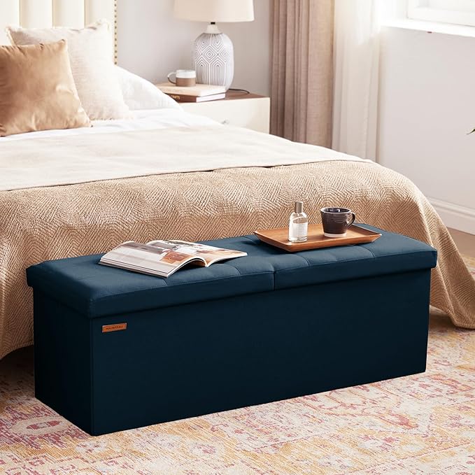 HAUSFRAU Storage Ottoman Bench with Flipping Lid, 43.3 Inches Storage Chest Footsrest, Folding Foot Stool for Entryway, Living Room, Bedroom, Linen Navy Blue