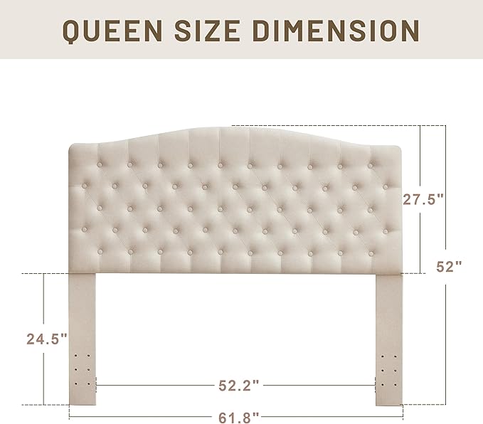Tufted Upholstered Tall Headboard Queen Size, Sturdy and Durable Solid Wood Bed headboards, Comfortable Linen Fabric Queen Headboard Only, Modern Luxury Button Diamond Design Head Board, Beige
