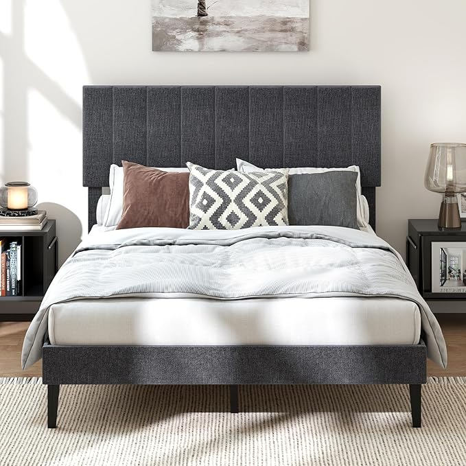 Giantex Full Size Upholstered Bed Frame, Platform Bed with Height Adjustable Vertical Channel Headboard, Wooden Slats Support Mattress Foundation, No Box Spring Needed, Noise Free, Grey