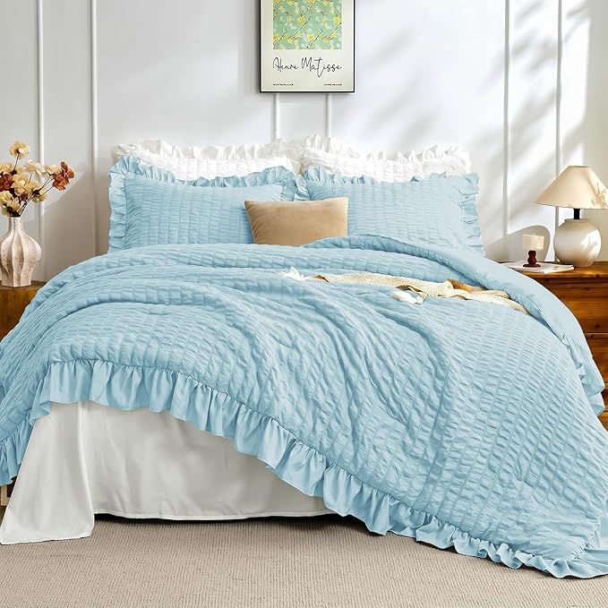 JOLLYVOGUE Blue Comforter Full Size, 3 Pieces Seersucker Lightweight Full Size Bedding, All Season Fluffy Microfiber Bedding Comforter Set with 1 Ruffle Comforter and 2 Ruffle Pillowshams