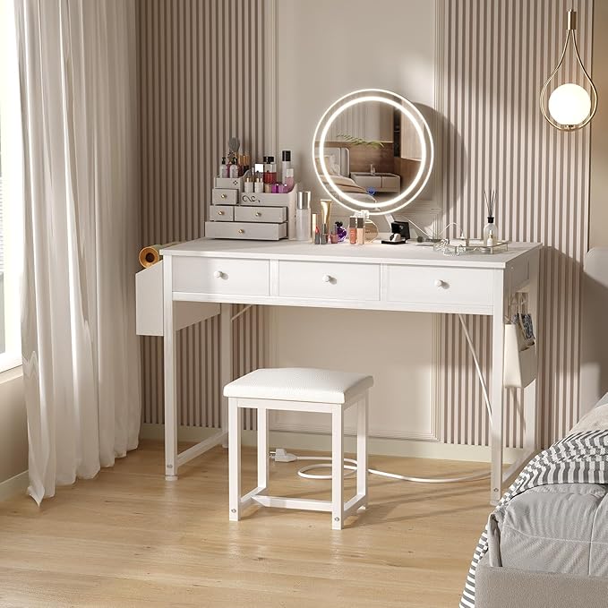 Lufeiya White Makeup Vanity Desk with Mirror and Lights, 40 inch Make Up Vanity Desks with Drawers & Power Outlet, Dressing Table and Chair Set for Girls Bedroom, White