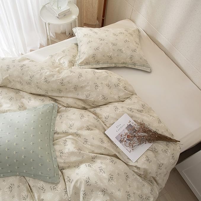 VM VOUGEMARKET Vintage Flower Duvet Cover Set Full Cotton Girls Aesthetic Bedding Set Reversible Floral Duvet Cover with 2 Pillow Shams,Blooming Comforter Cover with Zipper-Gray Green