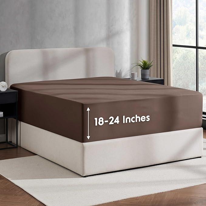 Nestl 4 Pack Chocolate Brown Fitted Sheet Extra Deep Pocket, Hotel Luxury TwinFitted Sheet Only Easily Fits 18 to 24 Inch Mattress, Super Soft, Wrinkle-Free and Breathable with Corner Straps