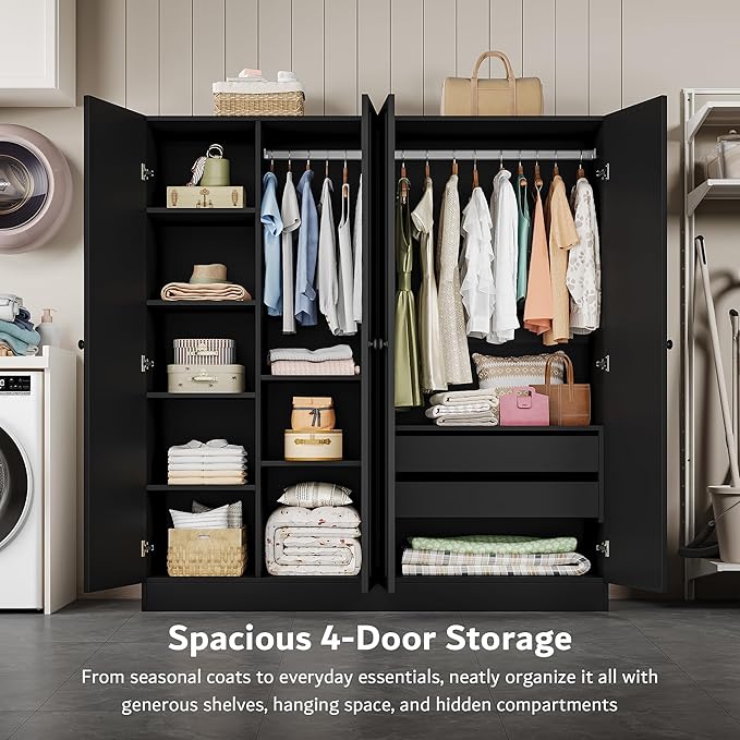 iPormis 4 Doors Armoire Wardrobe Closet with 2 Drawers, 63" Large Wardrobe Cabinet with Removable Hanging Rods and Adjustable Shelves, Closet Storage Cabinet for Bedroom, Cloak Room, Black