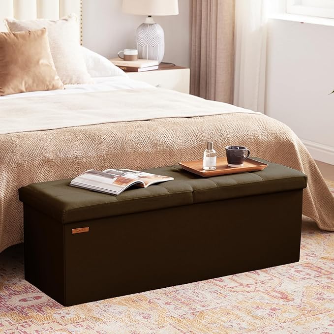 HAUSFRAU Storage Ottoman Bench with Flipping Lid, 43.3 Inches Storage Chest Footsrest, Folding Foot Stool for Entryway, Living Room, Bedroom, Linen Espresso Brown