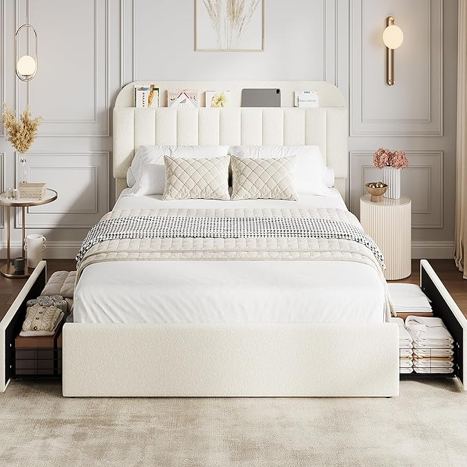 GarveeHome Queen Bed Frame with Storage Headboard, Girls Bed Frame with 2 Drawers, Boucle Upholstered Platform Bed with Bookcase, No Box Spring Needed, Easy Assembly, Ivory White