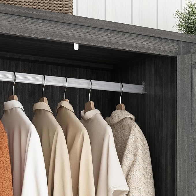Hlivelood 3 Doors Wardrobe Armoire Closet with Doors and Drawers, Farmhouse Wooden Armoire Storage Cabinet with Shelves & Hanging Rod for Bedroom, Grey