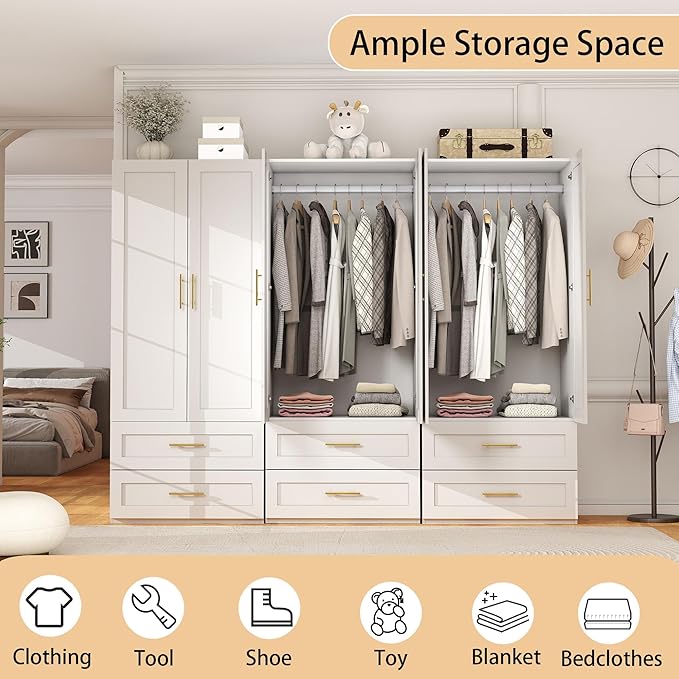 White Wardrobe with 2 Doors: 75" Tall Armoire Wardrobe Closet with 2 Drawers, Bedroom Closet Cabinet for Hanging Clothes, Wooden Storage Armoire with Shelves (Contemporary, 3)
